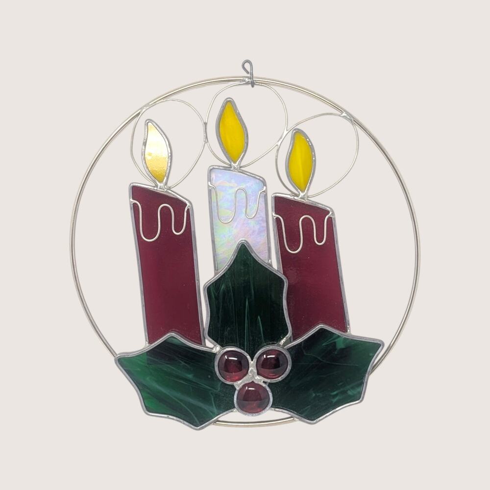 Vintage Stained Glass Christmas Candles Suncatcher